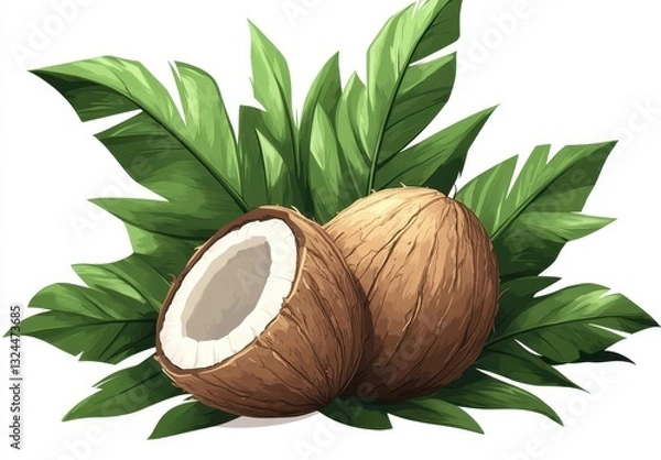 Fototapeta Coconuts Surrounded by Lush Green Leaves in a Vibrant Tropical Setting Capturing the Essence of Nature and Freshness