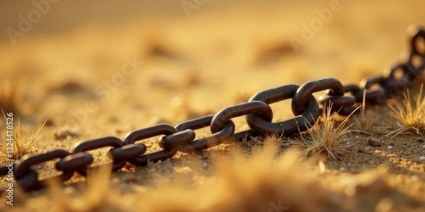Fototapeta A Rusty Chain Lies Partially Buried in the Sand, Basking in the Warm Glow of the Setting Sun, a Symbol of Resilience and the Passage of Time