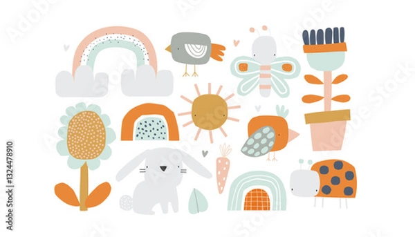 Fototapeta Vector set of spring elements: bunny, flowers, birds, ladybug, butterfly, sun, clouds, rainbow, carrot, hearts. Simple cartoon illustration for kids. Easter. Summer. Scandinavian style.