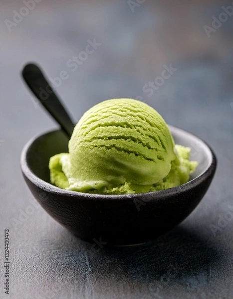 Obraz Matcha Delight: A close-up shot showcases a single scoop of vibrant green matcha ice cream nestled in a stylish, dark bowl, tempting the viewer with its refreshing allure.