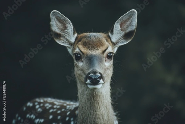 Fototapeta Fawn Doe Portrait with Spotted Coat, Large Ears, and Dark Eyes gazing ahead.