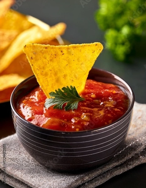 Obraz Spicy Fiesta: A tortilla chip proudly emerges from a vibrant bowl of salsa, promising a burst of flavor. alongside, a golden mountain of crispy chips promises a celebration of taste.