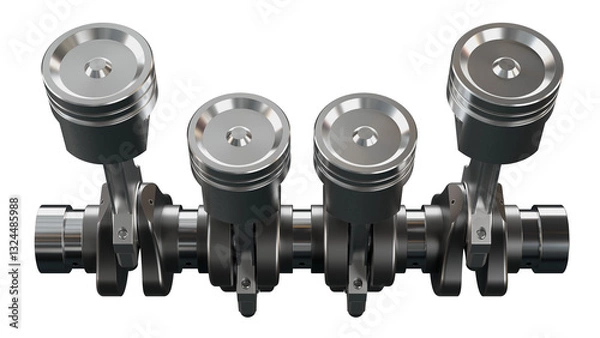Fototapeta Cylinder-piston group of automobile four-cylinder internal combustion engine. Pistons, piston rings, piston pins, connecting rods, crankshaft. Isolated. Transparent background. 3D Rendering.