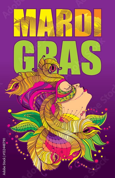 Fototapeta Vector placard with profile woman face in carnival mask with outline golden peacock feathers, ornate collar and colorful beads on the violet background. Design for Mardi Gras party in contour style.