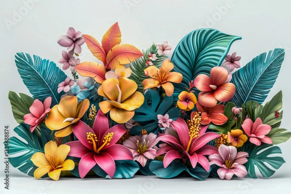 Fototapeta Elegant tropical floral arrangement featuring pink, yellow, and orange flowers with lush green leaves, creating a vibrant and exotic botanical display on a white background.