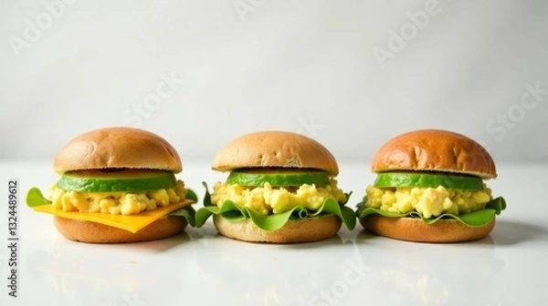 Fototapeta Miniature Egg Salad Sandwiches with Avocado and Cheese on Soft Buns