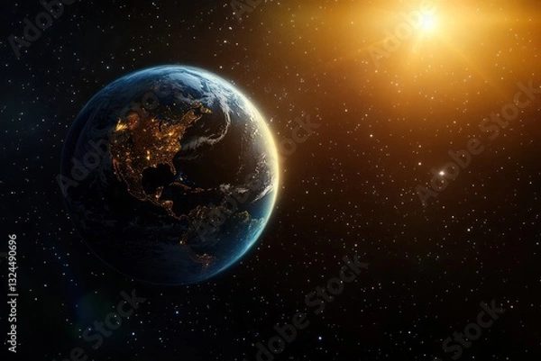 Fototapeta An artistic rendition of Earth in space, illuminated by the sun with its night side casting shadows, showcasing the curvature of the planet and visible continents.