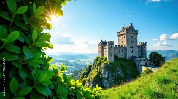 Fototapeta Majestic Hilltop Castle Basking in Sunlight, Surrounded by Lush Greenery and Offering Breathtaking Panoramic Views