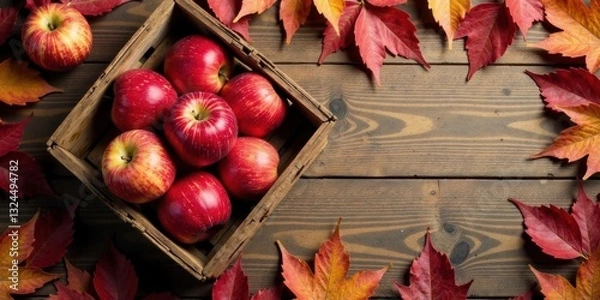 Fototapeta Autumnal Abundance A Rustic Wooden Crate Filled with Ripe Red Apples Surrounded by Vibrant Fall Leaves on a Weathered Wooden Surface