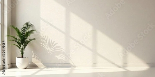 Fototapeta Serene Minimalist Interior Featuring a Lush Green Plant in a White Pot, Basking in Sunlight Streaming Through a Window, Casting Gentle Shadows on a Neutral Wall