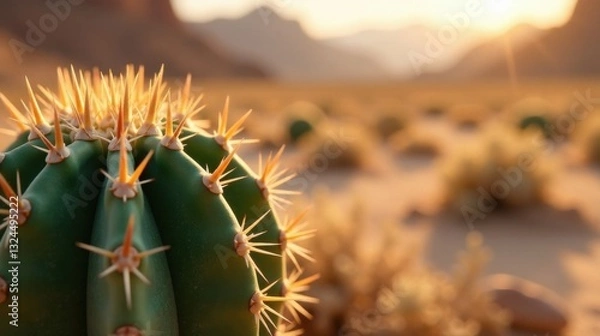 Fototapeta Golden Hour Desert Cactus Close-up  A vibrant succulent with sharp spines bathed in the warm glow of the setting sun, showcasing intricate details against a softly blurred desert landscape.