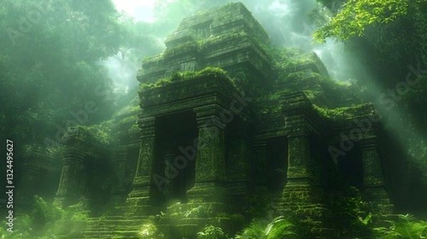 Fototapeta Ancient Temple Ruins Jungle Overgrown Archaeological Mystical Forest Foggy Abandoned Historic Photography