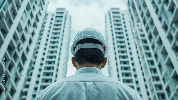 Obraz Construction Worker Inspects Apartment Building from Low Angle View