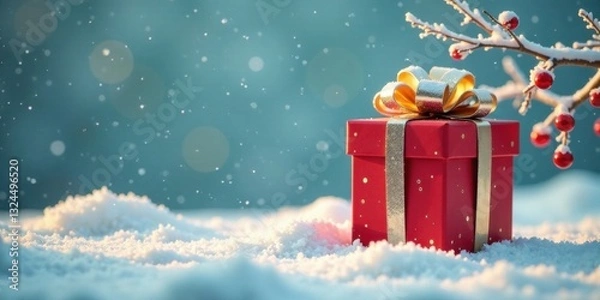 Fototapeta A festive red gift box adorned with a gold ribbon sits nestled in a blanket of fresh snow, surrounded by a winter wonderland scene with a snow-covered branch and falling snowflakes.