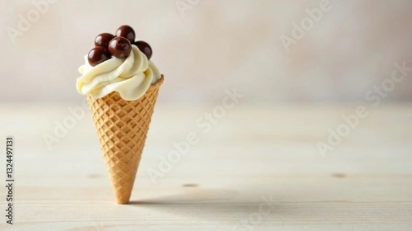 Fototapeta A delectable vanilla frozen dessert nestled in a crisp waffle cone, adorned with a delightful cluster of chocolate candies, rests elegantly on a light wooden surface.