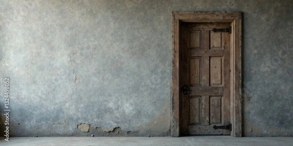 Fototapeta Rustic wooden door in aged concrete wall setting, showing texture and aged details of both the door and the wall.