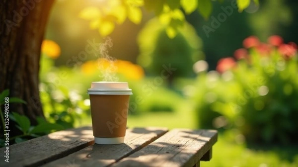 Fototapeta A steaming cup of coffee rests on a rustic wooden bench, bathed in the warm glow of morning sunlight filtering through lush green foliage