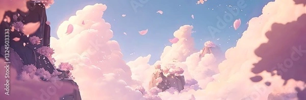Fototapeta Blossoms falling in mountainous landscape. Clouds roll past. Possible desktop wallpaper