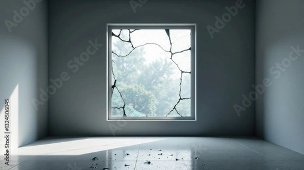 Fototapeta Shattered Window in an Empty Room Sunlit Debris and a View of Greenery