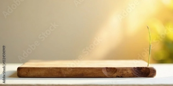 Fototapeta A single sprout emerges from a rustic wooden surface, bathed in soft sunlight, symbolizing growth, hope, and new beginnings.