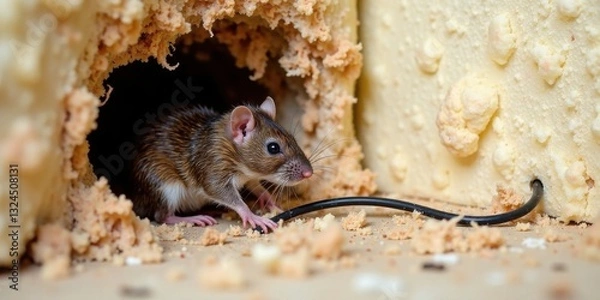 Fototapeta A small rodent investigates a damaged wall, its presence revealed by chewed insulation and exposed wiring