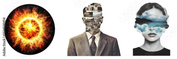 Fototapeta Set of surreal and abstract artistic portraits with creative elements, isolated on transparent background