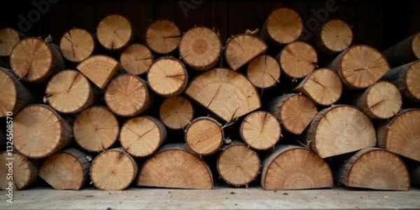Fototapeta A neatly stacked pile of round wooden logs, showcasing the natural grain and texture of the wood, ideal for rustic backgrounds or design elements.