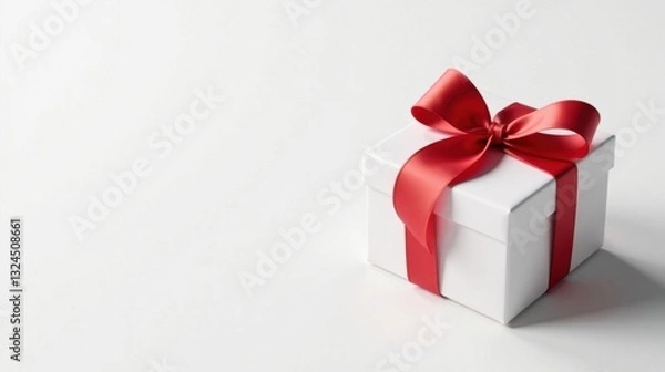 Fototapeta A pristine white gift box adorned with a vibrant red ribbon, a symbol of celebration and thoughtful giving