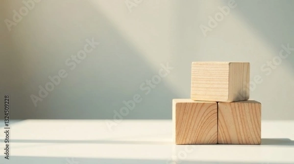 Fototapeta Simple Wooden Blocks Arranged on a White Surface in Soft Light