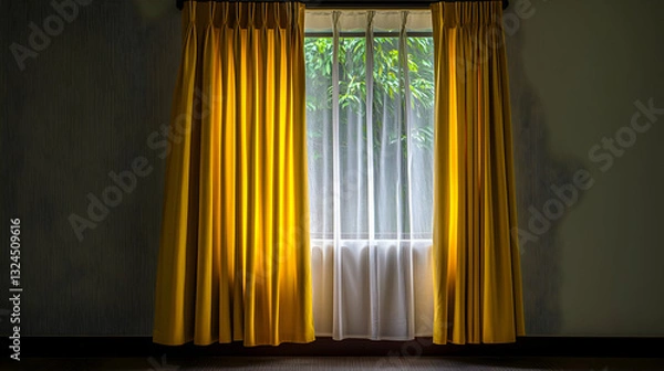 Fototapeta Golden Curtains Drape A Window Revealing A Green Foliage View And Decorative Wall Surface