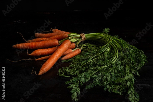 Fototapeta View of a bunch of carrots with green leaves on a dark table, horizontal with copy space