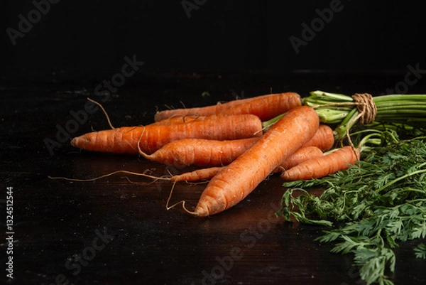 Fototapeta Top view of a bunch of carrots with green leaves on a dark table, horizontal with copy space