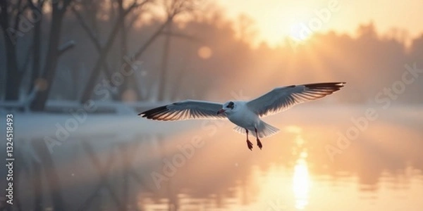 Fototapeta Golden Hour Flight A Single Bird Soaring Over a Tranquil Winter Waterway at Dawn