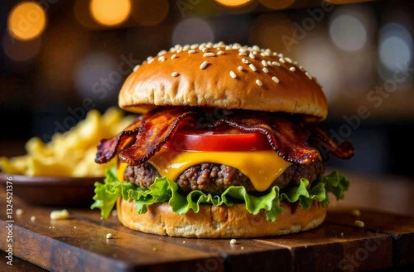 Obraz Beef burger with cheese, fried bacon, fresh vegetables on wooden board, French fries nearby. Unhealthy food
