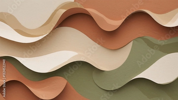 Fototapeta Minimalist nature-inspired background with soft organic shapes in warm beige, terracotta, and soft olive green. Flowing patterns resemble sand dunes or watercolor strokes with a subtle grainy paper