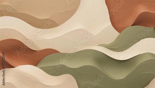 Fototapeta Minimalist nature-inspired background with soft organic shapes in warm beige, terracotta, and soft olive green. Flowing patterns resemble sand dunes or watercolor strokes with a subtle grainy paper