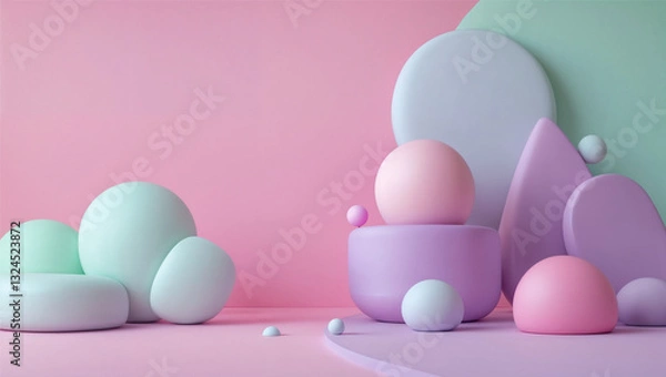 Fototapeta Playful and youthful background with bright pastel pink, soft mint, and light lavender. Soft, bubbly shapes and rounded geometric elements add a whimsical touch while keeping the design clean