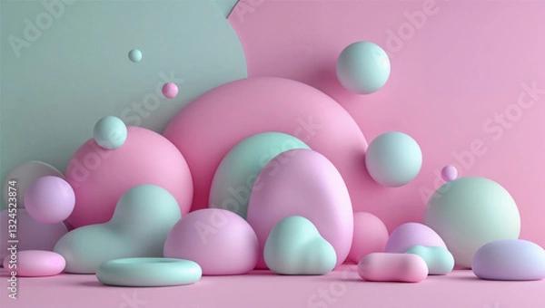 Fototapeta Playful and youthful background with bright pastel pink, soft mint, and light lavender. Soft, bubbly shapes and rounded geometric elements add a whimsical touch while keeping the design clean