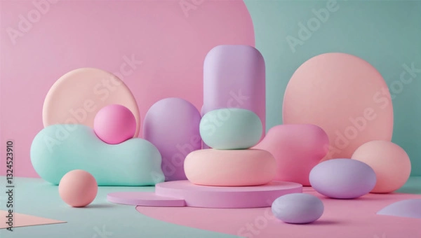 Fototapeta Playful and youthful background with bright pastel pink, soft mint, and light lavender. Soft, bubbly shapes and rounded geometric elements add a whimsical touch while keeping the design clean
