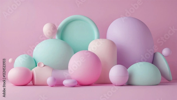 Fototapeta Playful and youthful background with bright pastel pink, soft mint, and light lavender. Soft, bubbly shapes and rounded geometric elements add a whimsical touch while keeping the design clean