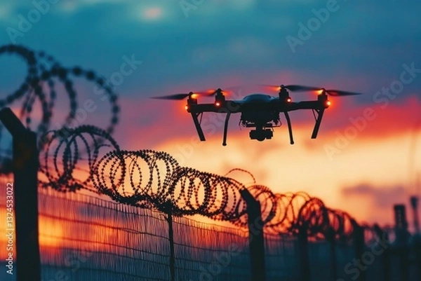 Obraz Drone near barbed wire fence