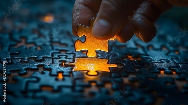 Fototapeta Person placing final glowing puzzle piece completing jigsaw puzzle symbolizing solution discovery, problem solving strategy, teamwork completion, and business challenge achievement in low light