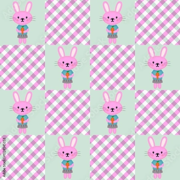 Fototapeta Cute and fun seamless pattern featuring a cartoon pink bunny dressed in a navy blue dress and holding a carrot arranged in a pastel pink checkerboard pattern.