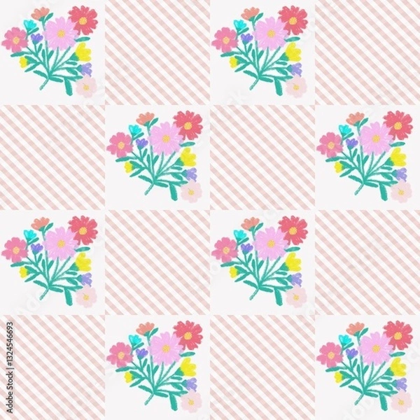 Fototapeta Beautiful seamless pattern with colorful bouquets arranged in a pastel pink checkerboard pattern.