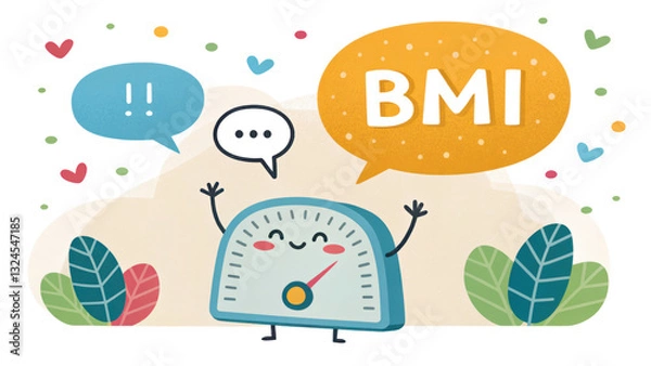 Fototapeta Colorful illustration of happy scale character promoting BMI awareness with speech bubbles. Ideal for health and wellness themes