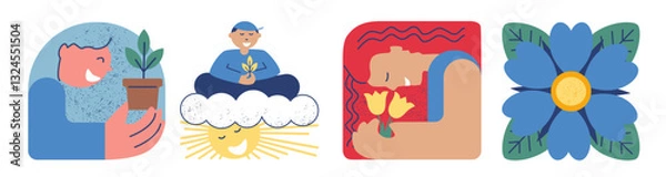 Obraz Flower, girl with seedling and tulips,  boy siting on cloud with plant. Geometric simple design for spring greeting. Hand drawn flat vector illustration