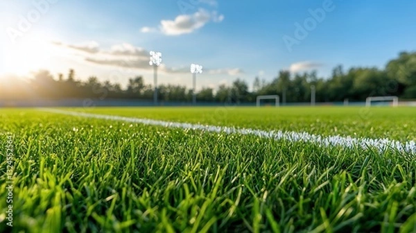 Fototapeta This image showcases a close up view of a meticulously maintained sports field with lush uniform grass carpeting the pitch  The playing surface appears pristine and inviting