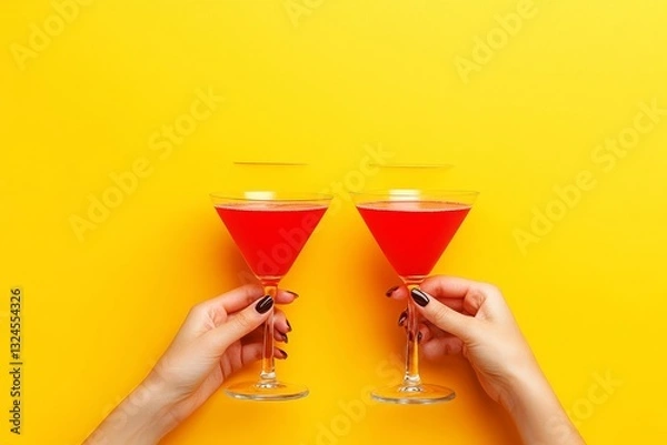 Fototapeta Two hands are holding glasses of red cocktail on a bright yellow backdrop. Cheers to the moment with the elegant drinks and stylish presentation.