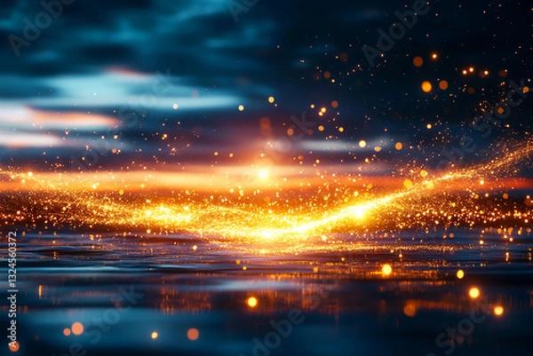 Fototapeta Golden light particles scattering through dark sky, creating a magical aura and dreamlike glow of ethereal beauty and mystical atmosphere