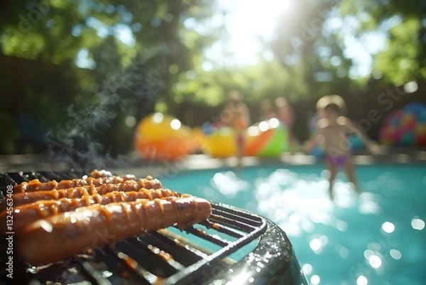 Fototapeta Poolside BBQ Bliss: A sizzling barbecue with grilling sausages in sharp focus, set against the blurred backdrop of a swimming pool and carefree figures enjoying a sunny day.